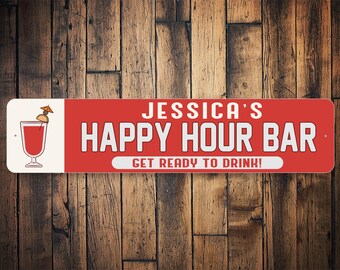 Happy Hour Decor, Happy Hour Bar Sign, Retro Bar Sign, Happy Hour Drinking, Custom Bar Sign, Womens Bar, Family Bar Name, Metal Bar Decor