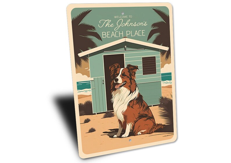 Australian Shepherd Schild, individuelles Strandhaus Dekor, individuelles Willkommensschild mit Familienname, Aussie Mom Hundeliebhaber Geschenk, Wohnkultur Geschenk, Metallschild Bild 3