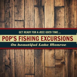 May include: A red, white, and blue sign with a yellow arrow pointing to the right. The sign reads "GET READY FOR A REEL GOOD TIME... POP'S FISHING EXCURSIONS On beautiful Lake Monroe."