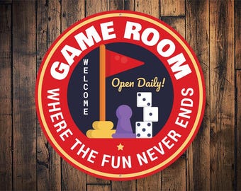 Game Room Welcome Sign, Game Room Decor, Game Room Door Sign, Kids Game Room Sign, Gamer Gift, Home Decor, Man Cave Decor - Round Metal Sign