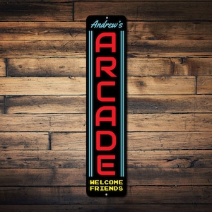 Arcade Sign Vertical, Gamer Gift, Custom Arcade Decor, Game Room Sign, Family Game Room Decor, Arcade Rooms Metal Sign-Quality Aluminum