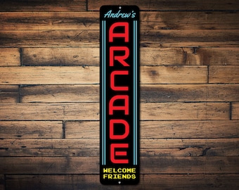 Arcade Sign Vertical, Gamer Gift, Custom Arcade Decor, Game Room Sign, Family Game Room Decor, Arcade Rooms Metal Sign-Quality Aluminum