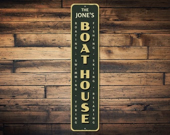 Boat House Vertical Sign, Personalized Family Name Sign, Custom Lake Activities Sign, Metal Lake House Decor - Quality Aluminum Boat Signs