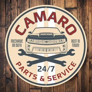 Circle Camaro Sign, Camaro Parts Garage, Camaro Service , Vintage Camaro Sign, Metal Camaro Sign, Vintage Garage, Camaro Sign - Metal Sign