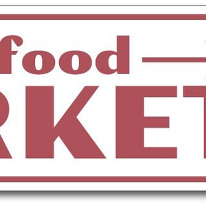 Op de afbeelding: Wit rechthoekig bord met rode tekst en een rode kreeft illustratie. Het bord staat "Vismarkt" met een pijl naar rechts en de woorden "Eet lokaal" onder de kreeft.