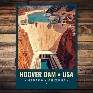 Cartello in metallo Hoover Dam, cartello storico USA, decorazione murale Nevada, cartello turistico Nevada, regalo Hoover Dam, decorazione da viaggio, cartello di destinazione