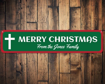 Cross Sign, Custom Merry Christmas Sign, Jesus Cross Decor, Jesus Sign, Family Name Decor, Holiday Decor - Quality Aluminum Christmas Decor