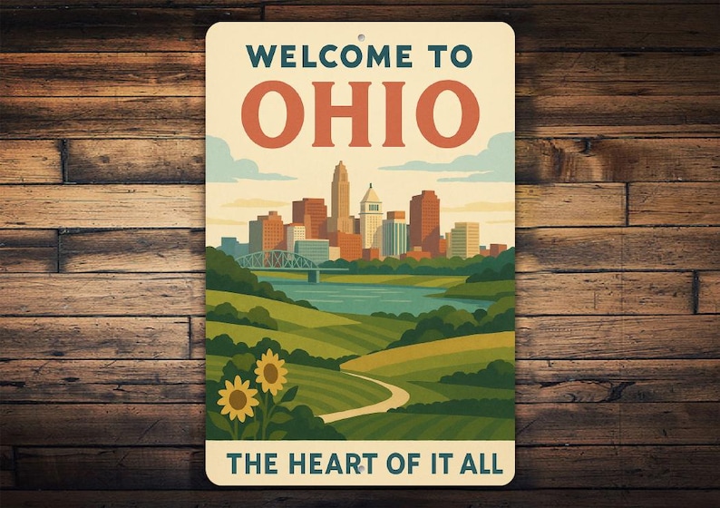 May include: A rectangular sign with the words "WELCOME TO OHIO" in teal and orange. The sign features a cityscape, a river, rolling green hills, and sunflowers. The text "THE HEART OF IT ALL" is at the bottom.