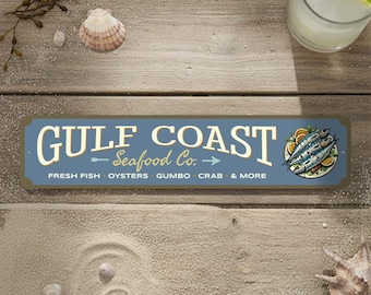 Gulf Coast Seafood Co Metal Sign – Custom Kitchen Decor, Fresh Seafood Sign, Oyster Crab Fish Restaurant Art, Beach House Nautical Sign