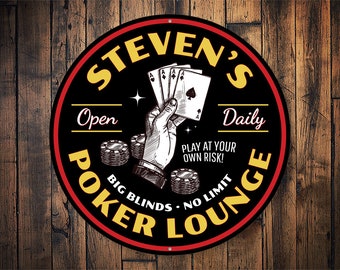 Custom Poker Lounge Sign, Game Room Sign, Custom Name Sign, Casino Sign, Poker Room Decor, Home Decor, Man Cave Sign - Round Metal Sign