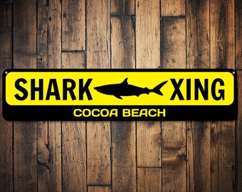 Shark X-ing Sign, Custom Shark Crossing Sign, Personalized Kid Name/Beach Location Sign, Metal Shark Decor, Shark Area - Quality Aluminum
