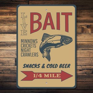 Live Bait Sign, Fishing Bait Sign, Bait Shop Decor, Bait Shop Sign, Fish Bait Decor, Bait Arrow Sign, Fishing Gift, Quality Metal Bait Sign