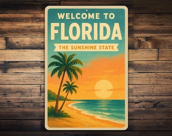 Welcome to Florida Metal Sign – The Sunshine State Wall Art, Retro Beach Sunset with Palm Trees
