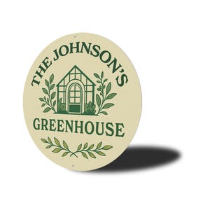 A round sign with the text "The Johnson's Greenhouse" and an illustration of a greenhouse.