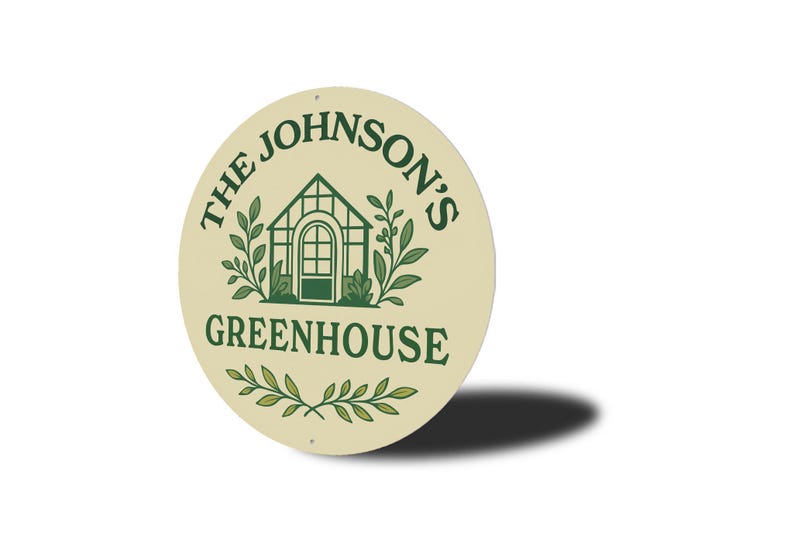 A round sign with the text "The Johnson's Greenhouse" and an illustration of a greenhouse.