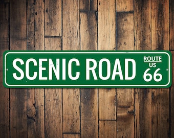 Scenic Road US Route 66 Sign, Personalized Historic Road Name & Number Gift, Custom Metal Man Cave Decor - Quality Aluminum Road Decoration