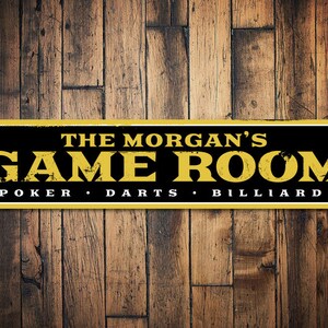 Family Game Room Sign, Personalized Poker Darts Billiards Sign, Custom Family Name Sign, Metal Man Cave Decor, Games Here - Quality Aluminum