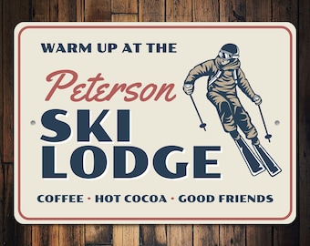 Warm Up At The Ski Lodge Sign, Personalized Sign, Ski Resort Decor, Winter Cabin Decor, Ski Home Decor, Ski Lodge Decor, Ski Metal Sign