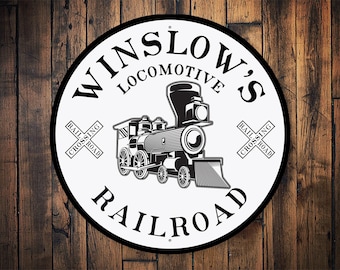 Last Name Train Sign, Custom Locomotive, Family Decor, Train Lovers, Train Decor, Train Man, Train Owner, Train Station - Metal Round Sign