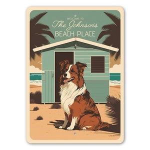 Australian Shepherd Schild, individuelles Strandhaus Dekor, individuelles Willkommensschild mit Familienname, Aussie Mom Hundeliebhaber Geschenk, Wohnkultur Geschenk, Metallschild Bild 2
