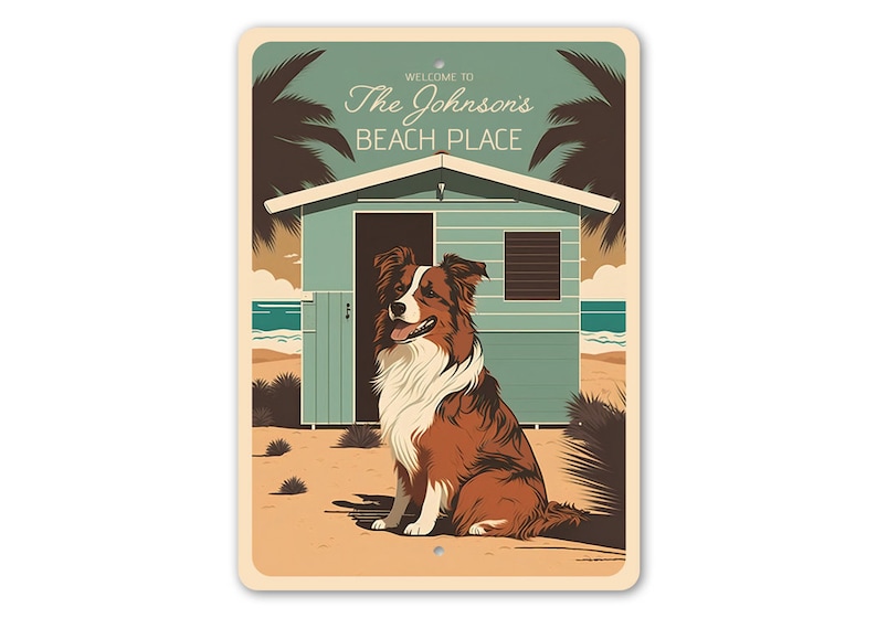 Australian Shepherd Schild, individuelles Strandhaus Dekor, individuelles Willkommensschild mit Familienname, Aussie Mom Hundeliebhaber Geschenk, Wohnkultur Geschenk, Metallschild Bild 2