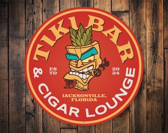 Tiki Bar Sign, Tiki Cigar Lounge Sign, Tiki Island Sign, Tropical Tiki Decor, Tiki Signs, Tiki Wall Art, Custom Bar Sign - Round Metal Sign