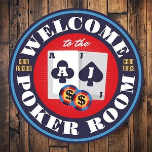 Welcome To The Poker Room Sign, Poker Room Decor, Game Room Decor, Poker Player Gift, Home Decor, Man Cave Decor - Round Metal Sign