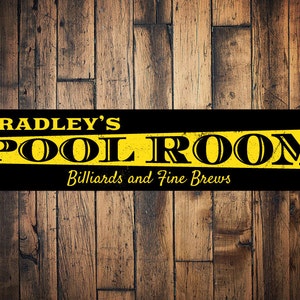 Pool Room Sign, Personalized Billiards & Fine Brews Sign, Custom Name Man Cave Sign, Metal Man Cave Decor, Pool Rooms - Quality Aluminum