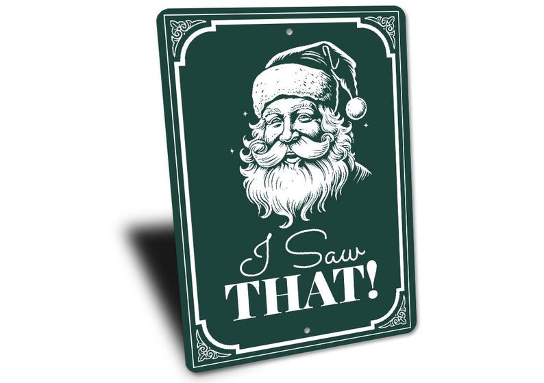 a green and white sign with a santa clause on it