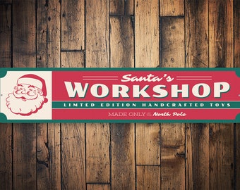 Santa&#39;s Workshop Sign, Christmas Workshop Decor, Quality Aluminum Holiday Sign Made in North Pole, Decor for Santa