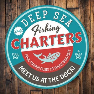 Charters de alto mar, pesca em alto mar, decoração de pesca no mar, decoração de viagem de barco, placa de pesca de barco, charters de pesca, peixes de alto mar - placa de metal