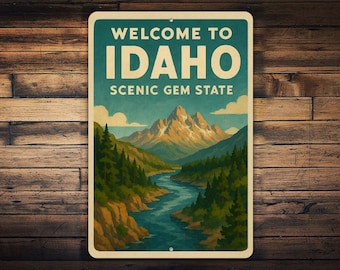 Welcome to Idaho Metal Sign – Scenic Gem State Wall Art, Retro Mountain River Travel Poster