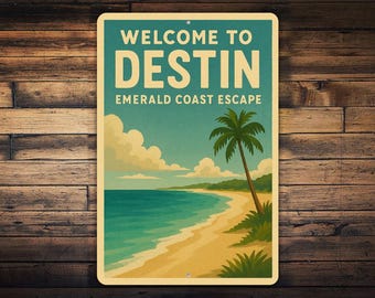 Letrero metálico de bienvenida a Destin – Arte de pared Escapada a la Costa Esmeralda, Escena retro de playa de Florida, Decoración de póster de viaje costero vintage