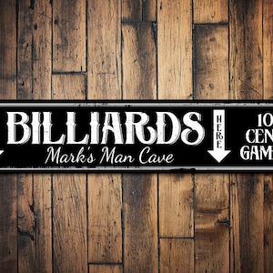 Play Billiards Here Sign, Pool Hall Decor, Game Room Sign, Man Cave Sign, Billiard Room Decor, Pool Table Sign - Quality Metal Sign