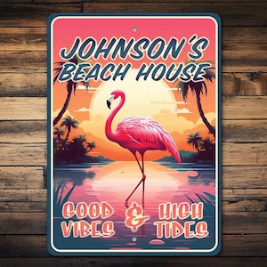 Flamingo Sign, Custom Beach House, Custom Beach Gift, Vibrant Beach Gift, Welcome Beach Sign, Porch Beach Sign, Metal Flamingo Sign Decor