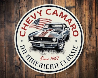 May include: A round metal sign with a white background and red and blue text. The sign features a vintage Chevrolet Camaro with red, white, and blue stripes. The text on the sign reads "Chevy Camaro An American Classic Since 1967".