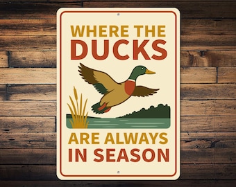 Może przedstawiać: Prostokątny metalowy znak z napisem "WHERE THE DUCKS ARE ALWAYS IN SEASON". Znak przedstawia ilustrację lecącej kaczki nad sceną jeziora z trzcinami. Znak ma kremowe tło i brązową obwódkę.