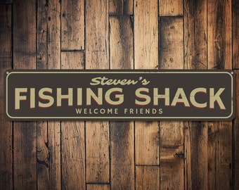 Fishing Shack Sign, Personalized Welcome Friends Fisherman Name Gift, Custom Metal Fish Lover Lake House Decor, Fishers - Quality Aluminum