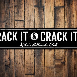 Rack It & Crack It Sign, Personalized Billiards Club Name Sign, Metal Man Cave Sign, Custom Pool Game Decor, Rack It Boys - Quality Aluminum