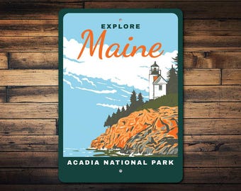 Explore Maine Metal Sign - Acadia National Park Decor - Vintage Travel Poster - Coastal Lighthouse Wall Art - Rustic Maine Gift