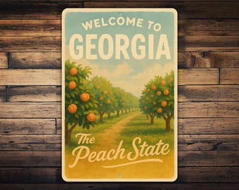 Welcome to Georgia Metal Sign – The Peach State Wall Art, Retro Orchard Landscape Scene, Vintage Southern Farmhouse Metal Décor