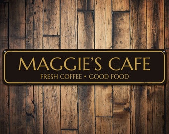 Cafe Sign, Personalized Fresh Coffee Good Food Sign, Custom Barista Chef Name Sign, Cafe Food, Metal Cafe Kitchen Decor - Quality Aluminum