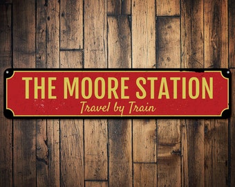 Family Train Station Sign, Personalized Travel By Train Sign, Custom Family Name Train Station Man Cave Decor - Quality Aluminum Man Caves