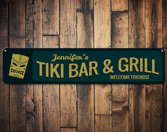Welcome Tiki Bar & Grill Sign, Personalized Bartender Bar Owner Name Sign, Custom Home Beach Bar Metal Decor - Quality Aluminum Sign Decor