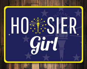 Tabliczka „Indiana Girl”, metalowa tabliczka „Hoosier”, wystrój Indiany, dekoracja prezentów z Indiany, znaki miejskie, wystrój stanowy, odległość od miasta, wysokiej jakości metalowa tabliczka „State”
