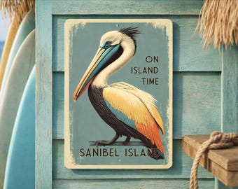 Retro Florida Pelican Sign, On Island Time, Sanibel Island Decor, Beach House Decor, Florida Beach Sign, Pelican Gift, Florida Metal Sign