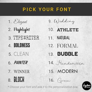 a selection of various fonts, each with a different style and purpose, along with a prompt for choosing a font and adding it to a personalization box.