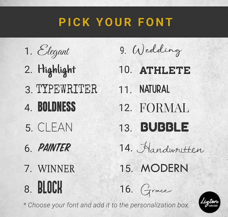 a selection of various fonts, each with a different style and purpose, along with a prompt for choosing a font and adding it to a personalization box.