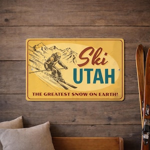 Letrero de esquí de Utah, decoración invernal de Utah, regalo de esquí en Utah, decoración de pared de Utah, letrero de estaciones de esquí de Utah, el mejor letrero de nieve, regalo para amantes de la nieve - Letrero metálico