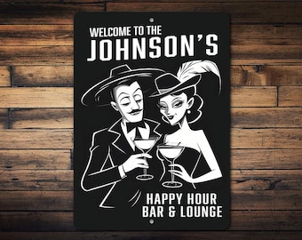 Anpassad metallskylt för Happy Hour-bar och lounge | Personlig skylt i vintagestil | Bardekor med efternamn | Unik barskylt för hemmabruk